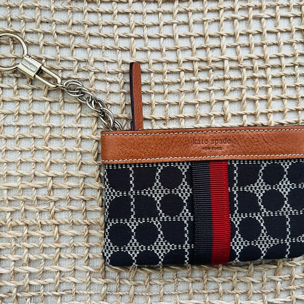 kate spade Black & Red Jacquard keychain/pouch with Tan Leather Trim